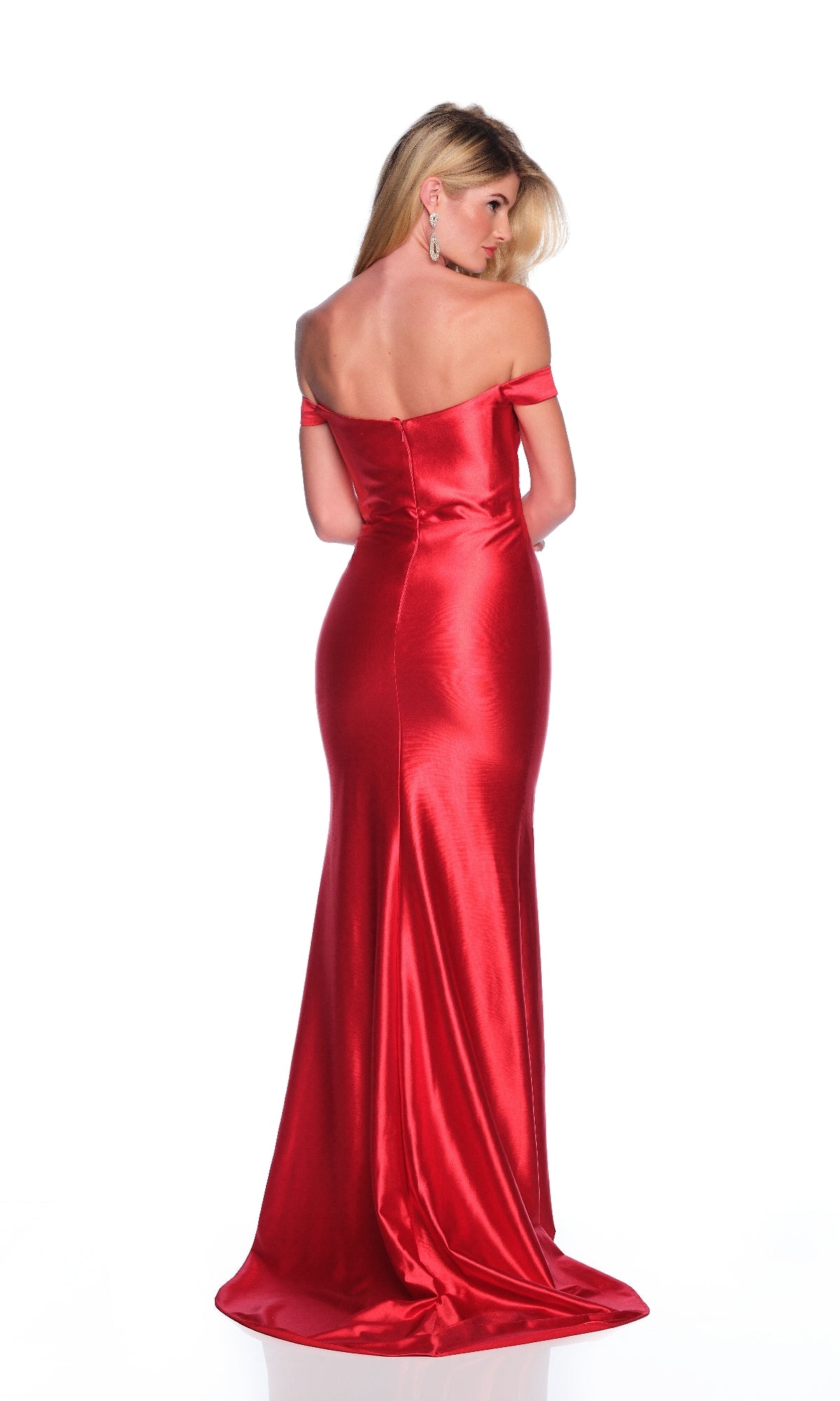A woman faces away in the Dave & Johnny 12322 Red Long Prom Dress, the floor-length satin gown flowing elegantly against a white background.